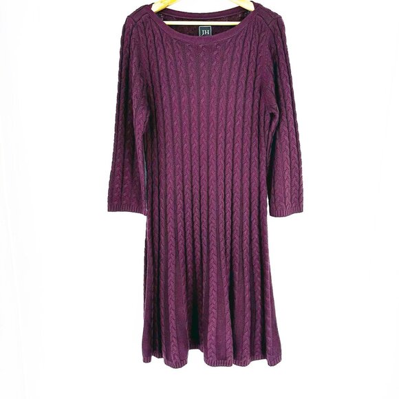 Jessica Howard JH Purple Cable Knit Crewneck Fit Flare Acrylic Sweater Dress XL - Picture 4 of 10